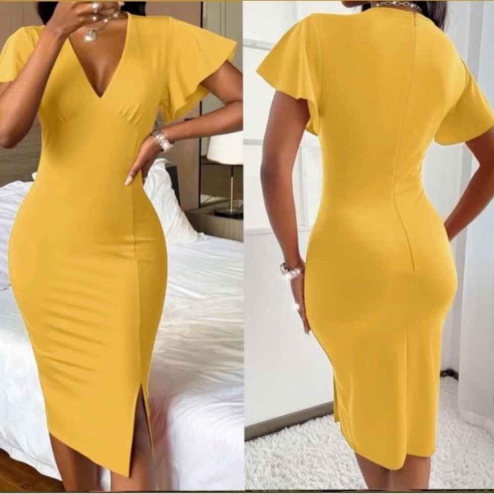 Yellow midi dress with split ruffle sleeve
